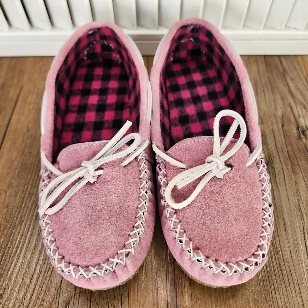 Old Friend Buckeye Moccasin Slippers Child Sz 2 Pink Fleece Lined Comfort Shoes